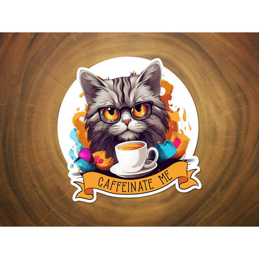 Caffeinate Me | Funny Sticker | Cat with Coffee | Vinyl